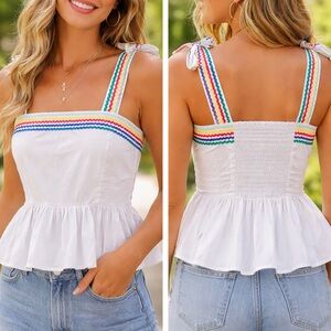 Crown and Ivy White Rainbow Trim Peplum Top